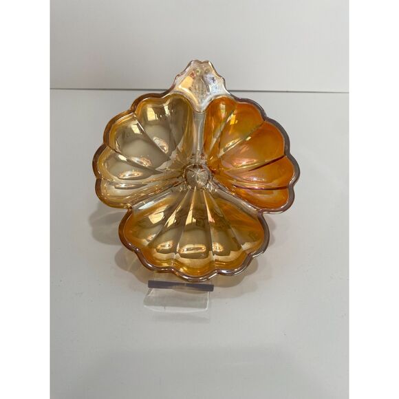 Vintage Carnival 6" Clover Divided Nut Plate Jeannette Amber Iridescent GlassEUC - Picture 1 of 5